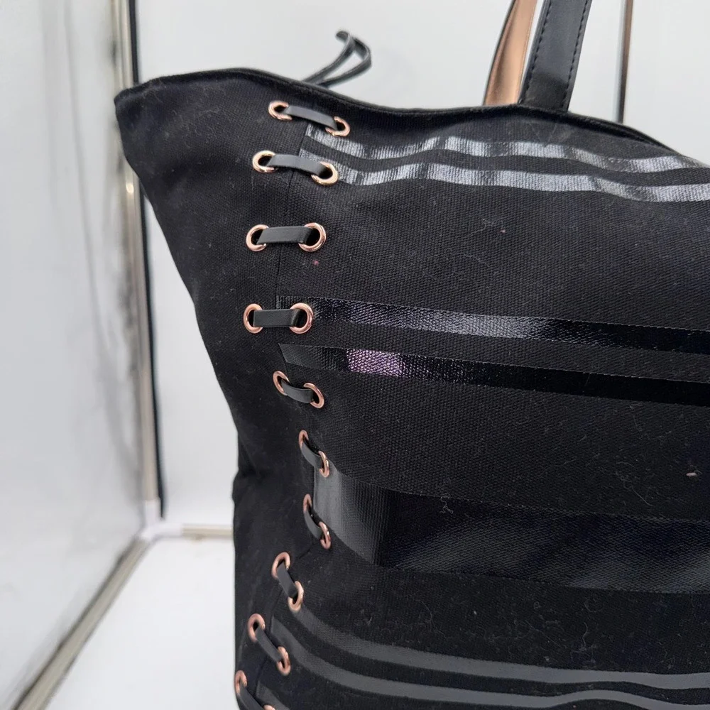 Victorias Secret Black Striped Lace Up Canvas Tote Bag Rose Gold Grommets NWT - Picture 2 of 11
